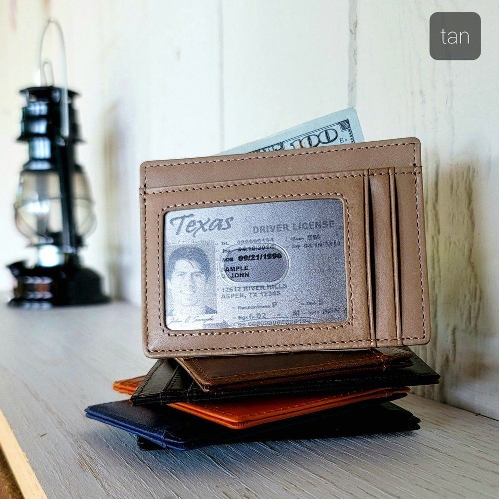Genuine Leather Men Wallet Card Case with Window ID in Tan